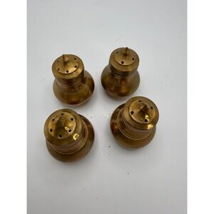 Vintage Solid Brass Salt and Pepper Shakers Set of 4 Gold Finial Lids Bulbous